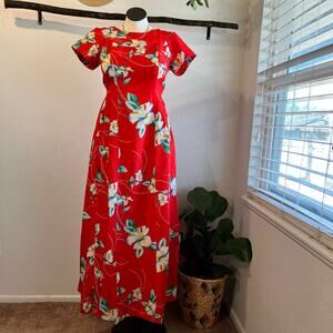 1970s Made in Hawaii Island Fashions Tropical Hawaiian Print Maxi Dress Size 12
